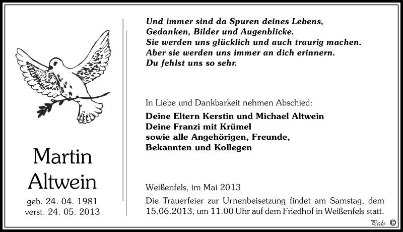  Traueranzeige für Martin Altwein vom 08.06.2013 aus Mitteldeutsche Zeitung Weißenfels