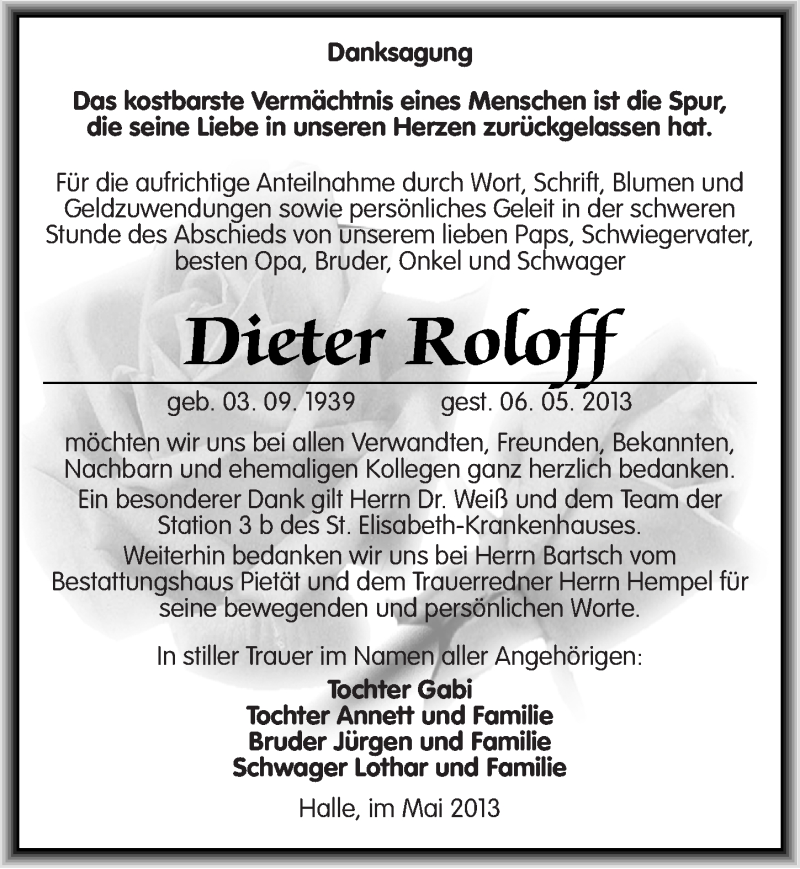  Traueranzeige für Dieter Roloff vom 08.06.2013 aus Mitteldeutsche Zeitung Halle/Saalkreis