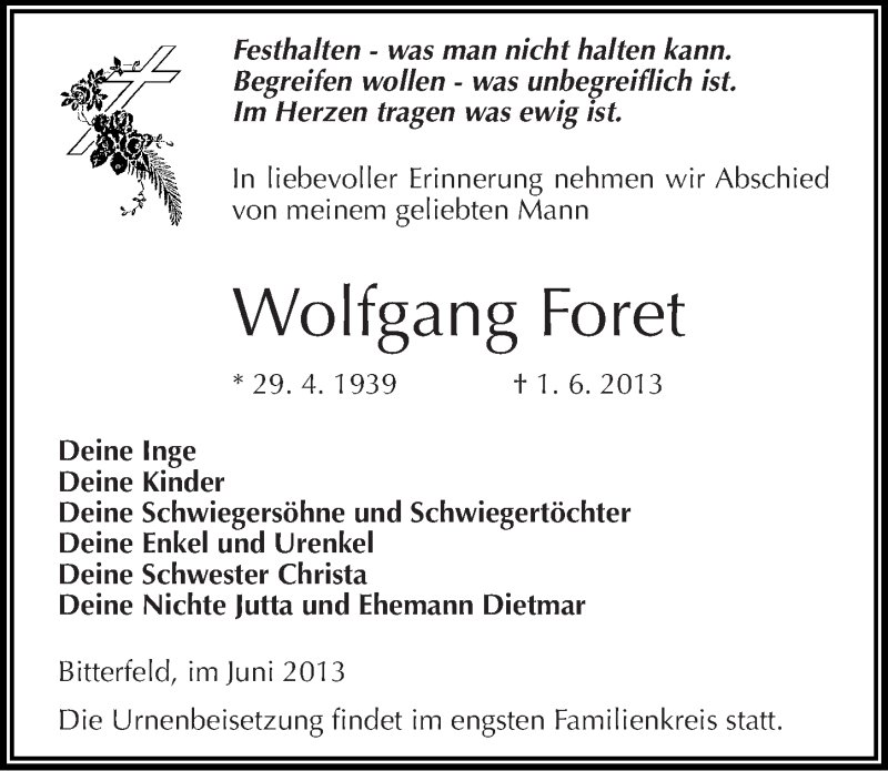  Traueranzeige für Wolfgang Foret vom 08.06.2013 aus Mitteldeutsche Zeitung Bitterfeld