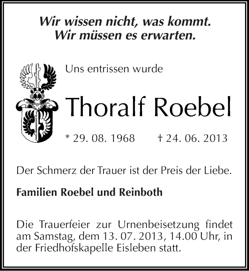  Traueranzeige für Thoralf Roebel vom 29.06.2013 aus Mitteldeutsche Zeitung Mansfelder Land