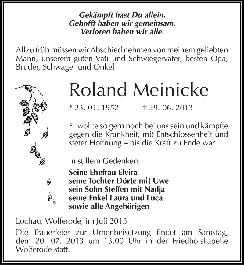  Traueranzeige für Roland Meinicke vom 06.07.2013 aus Mitteldeutsche Zeitung Aschersleben