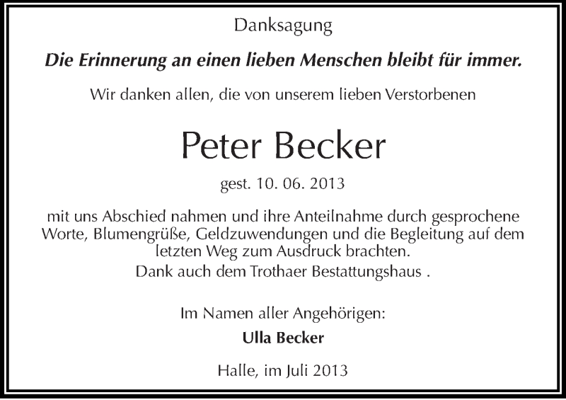  Traueranzeige für Peter Becker vom 06.07.2013 aus Mitteldeutsche Zeitung Halle/Saalkreis