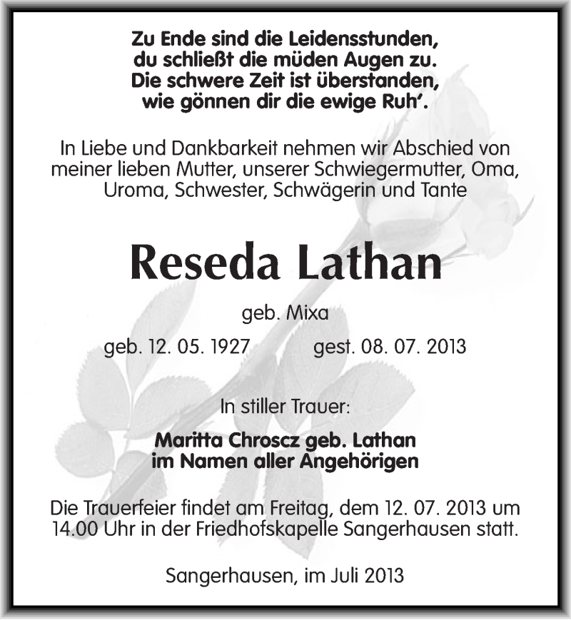  Traueranzeige für Reseda Lathan vom 11.07.2013 aus Mitteldeutsche Zeitung Sangerhausen