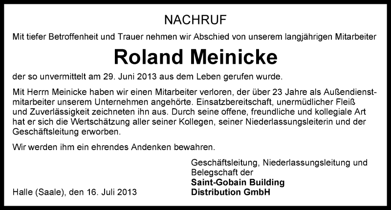  Traueranzeige für Roland Meinicke vom 20.07.2013 aus Mitteldeutsche Zeitung Halle/Saalkreis
