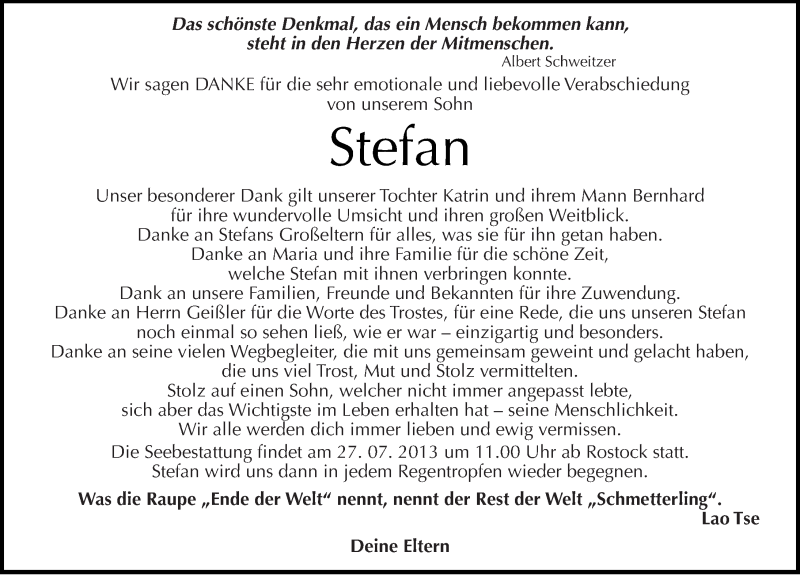  Traueranzeige für Stefan  vom 23.07.2013 aus Mitteldeutsche Zeitung Merseburg/Querfurt