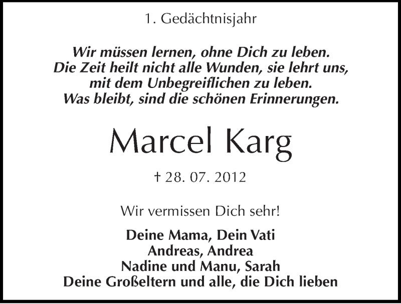  Traueranzeige für Marcel Karg vom 27.07.2013 aus Mitteldeutsche Zeitung Halle/Saalkreis