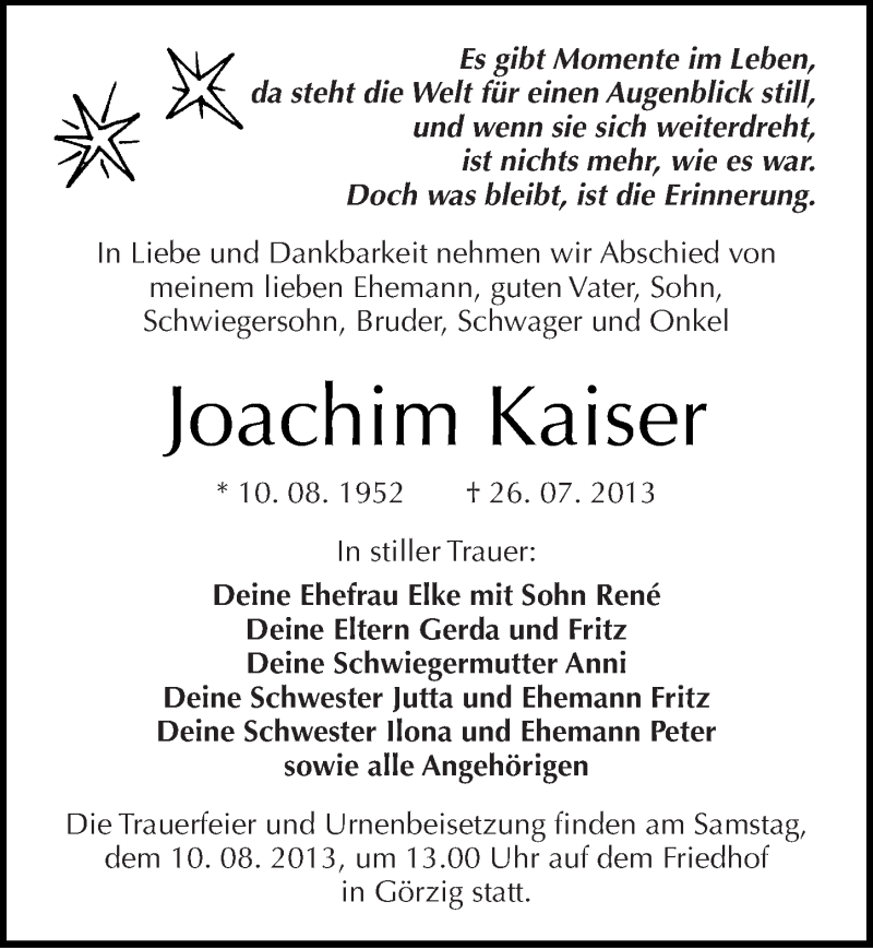  Traueranzeige für Joachim Kaiser vom 31.07.2013 aus Mitteldeutsche Zeitung Köthen