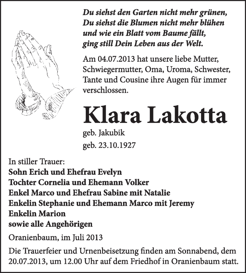  Traueranzeige für Klara Lakotta vom 07.07.2013 aus WVG - Wochenspiegel Wittenberg