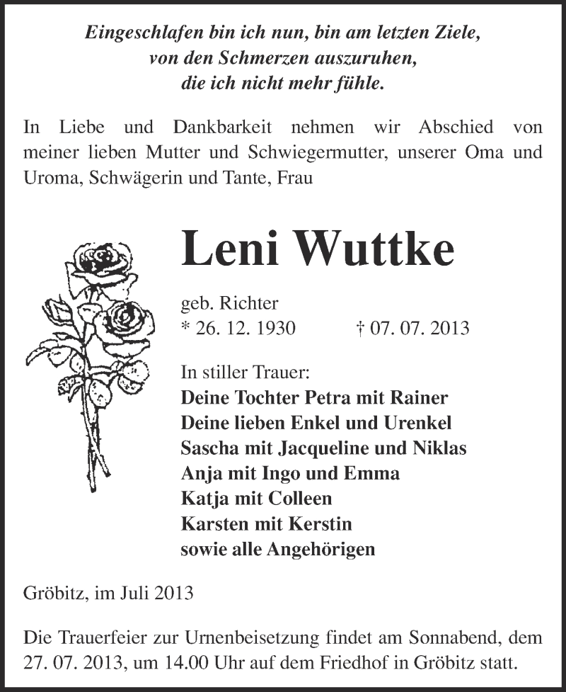  Traueranzeige für Leni Wuttke vom 17.07.2013 aus WVG - Wochenspiegel NMB / WSF / ZTZ