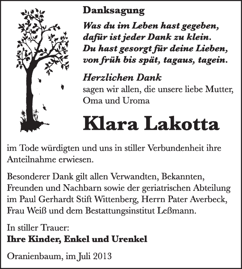  Traueranzeige für Klara Lakotta vom 28.07.2013 aus WVG - Wochenspiegel Wittenberg