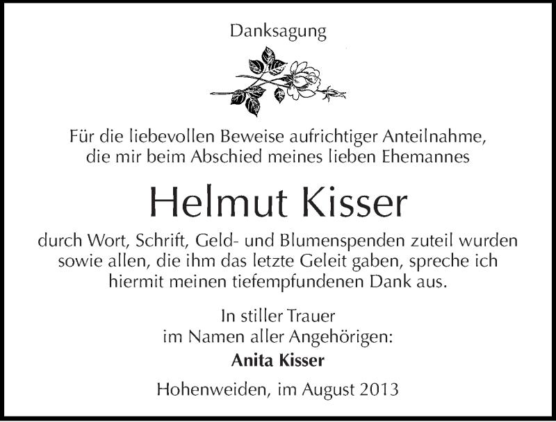  Traueranzeige für Helmut Kisser vom 14.08.2013 aus Mitteldeutsche Zeitung Halle/Saalkreis