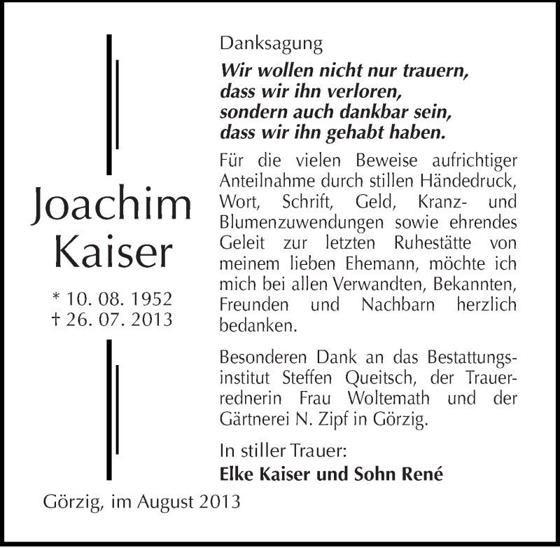  Traueranzeige für Joachim Kaiser vom 17.08.2013 aus Mitteldeutsche Zeitung Köthen