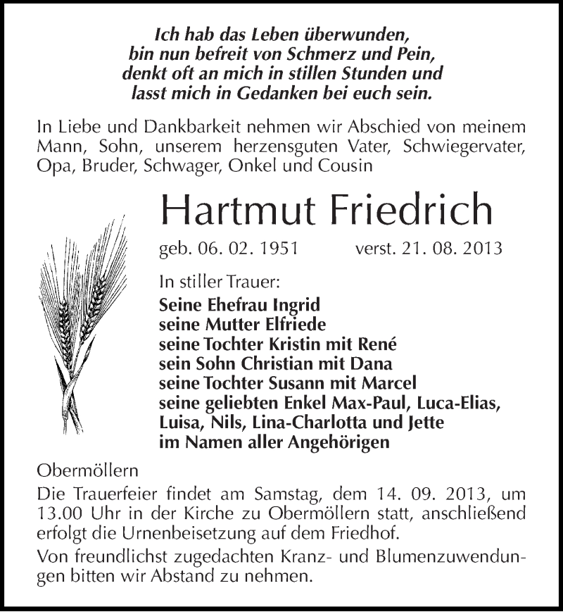  Traueranzeige für Hartmut Friedrich vom 24.08.2013 aus Mitteldeutsche Zeitung Naumburg/Nebra