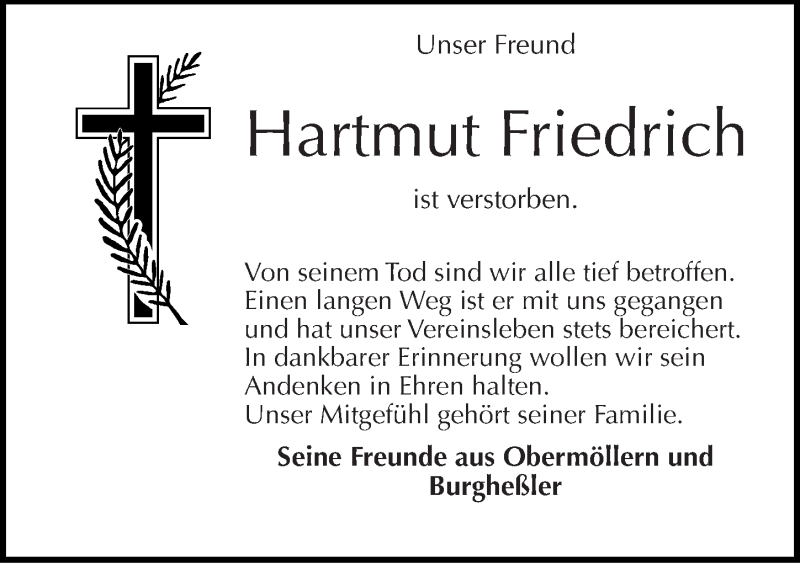  Traueranzeige für Hartmut Friedrich vom 31.08.2013 aus Mitteldeutsche Zeitung Naumburg/Nebra