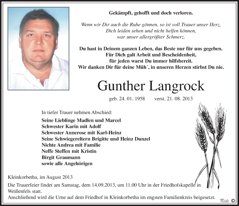  Traueranzeige für Gunther Langrock vom 31.08.2013 aus Mitteldeutsche Zeitung