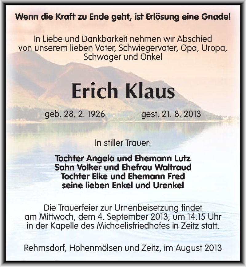  Traueranzeige für Erich Klaus vom 31.08.2013 aus Mitteldeutsche Zeitung Zeitz