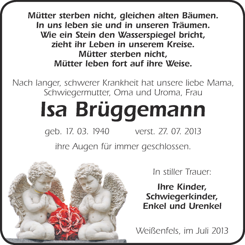  Traueranzeige für Isa Brüggemann vom 07.08.2013 aus WVG - Wochenspiegel NMB / WSF / ZTZ