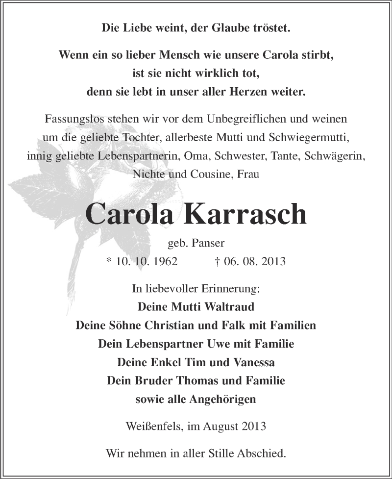  Traueranzeige für Carola Karrasch vom 14.08.2013 aus WVG - Wochenspiegel NMB / WSF / ZTZ