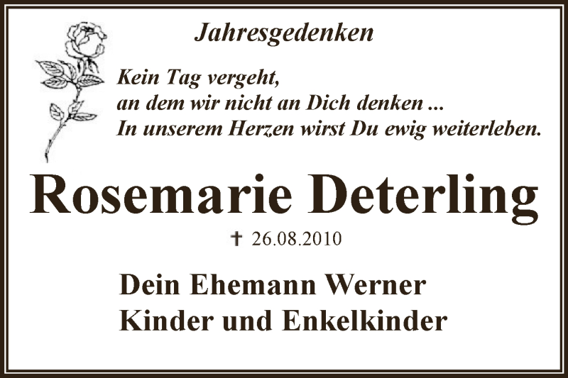  Traueranzeige für Rosemarie Deterling vom 28.08.2013 aus WVG - Wochenspiegel Dessau / Köthen
