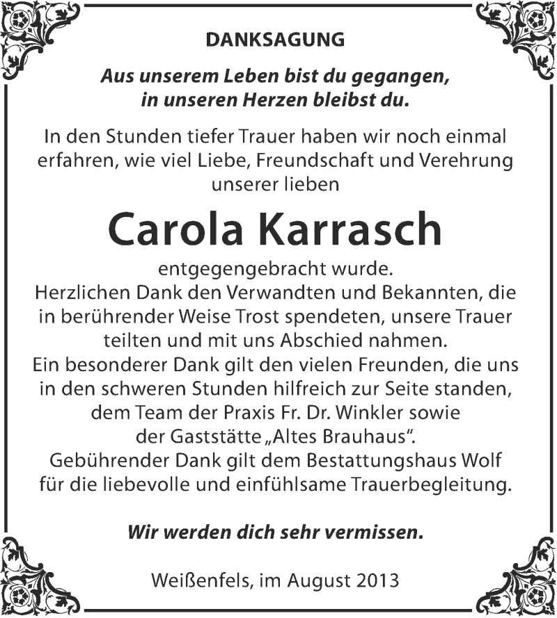  Traueranzeige für Carola Karrasch vom 28.08.2013 aus WVG - Wochenspiegel NMB / WSF / ZTZ
