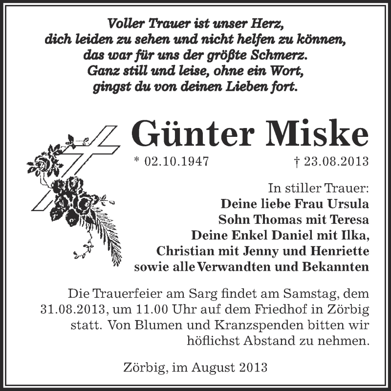 Traueranzeige für Günter Miske vom 28.08.2013 aus WVG - Wochenspiegel Bitterfeld