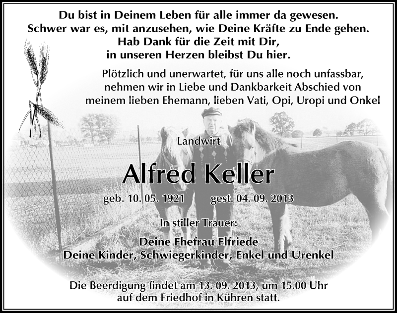  Traueranzeige für Alfred Keller vom 10.09.2013 aus Mitteldeutsche Zeitung Köthen