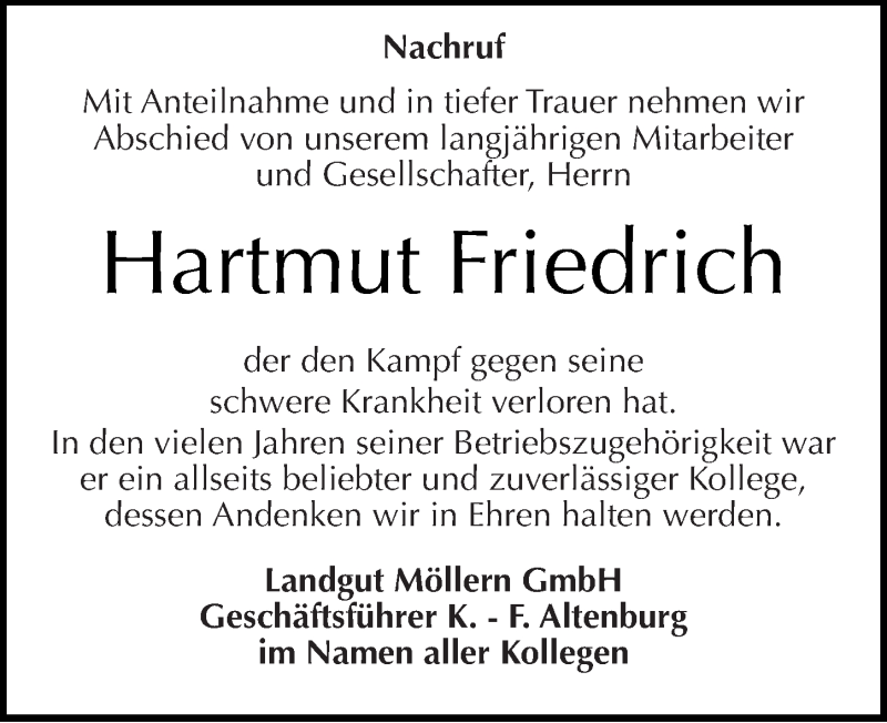  Traueranzeige für Hartmut Friedrich vom 12.09.2013 aus Mitteldeutsche Zeitung Naumburg/Nebra