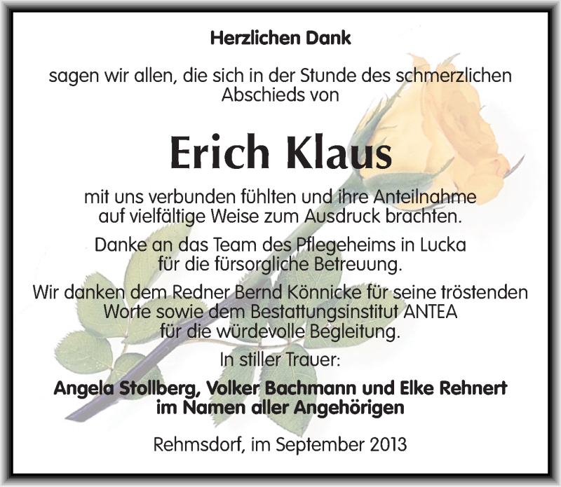  Traueranzeige für Erich Klaus vom 14.09.2013 aus Mitteldeutsche Zeitung Zeitz