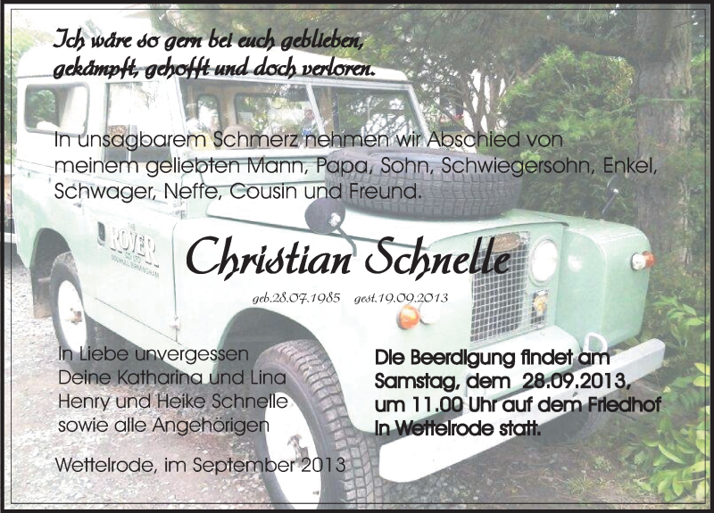  Traueranzeige für Christian Schnelle vom 21.09.2013 aus Mitteldeutsche Zeitung Sangerhausen