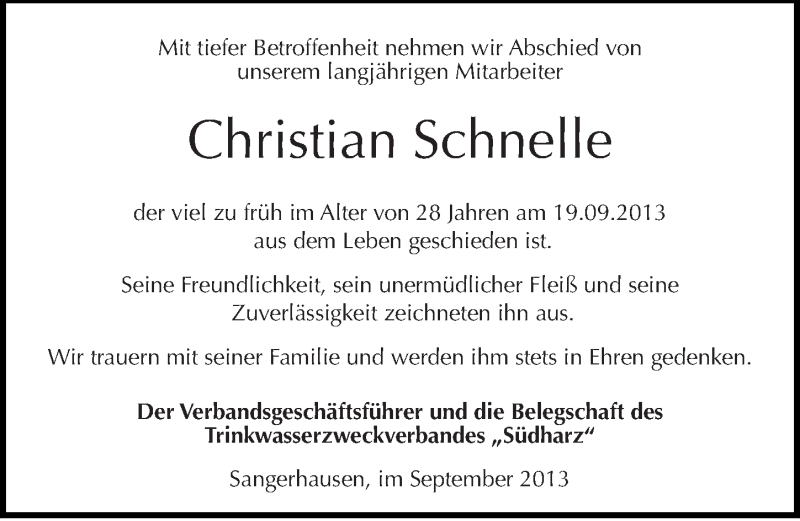  Traueranzeige für Christian Schnelle vom 25.09.2013 aus Mitteldeutsche Zeitung Sangerhausen
