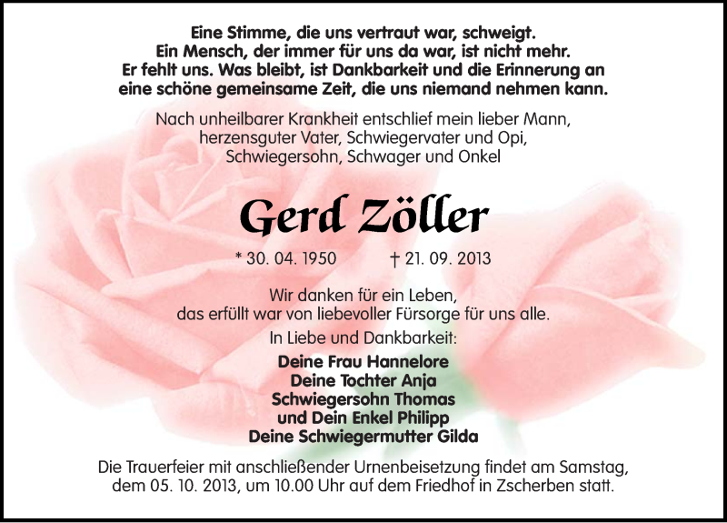  Traueranzeige für Gerd Zöller vom 28.09.2013 aus Mitteldeutsche Zeitung Halle/Saalkreis