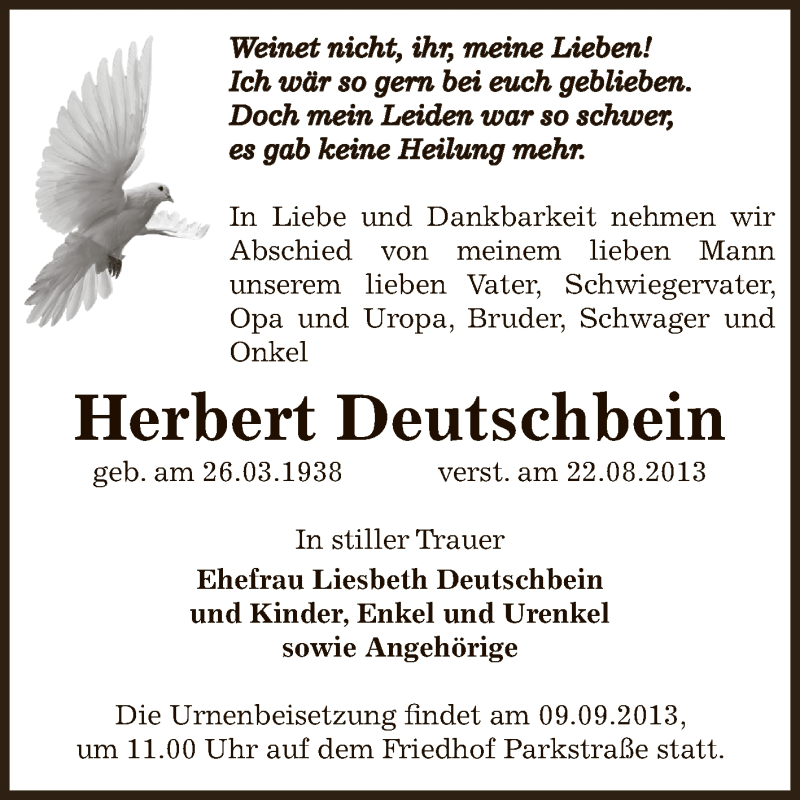  Traueranzeige für Herbert Deutschbein vom 01.09.2013 aus Super Sonntag Bernburg
