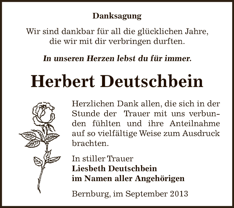  Traueranzeige für Herbert Deutschbein vom 15.09.2013 aus Super Sonntag Bernburg