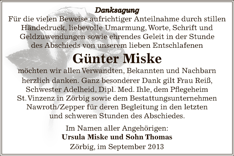  Traueranzeige für Günter Miske vom 18.09.2013 aus WVG - Wochenspiegel Bitterfeld