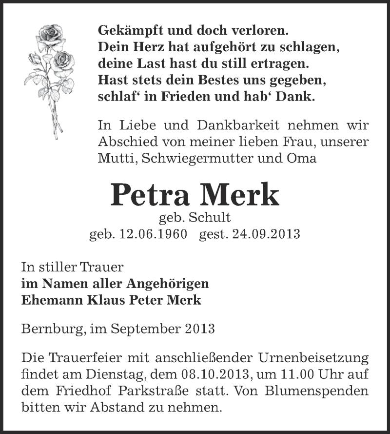  Traueranzeige für Petra Merk vom 29.09.2013 aus Super Sonntag Bernburg