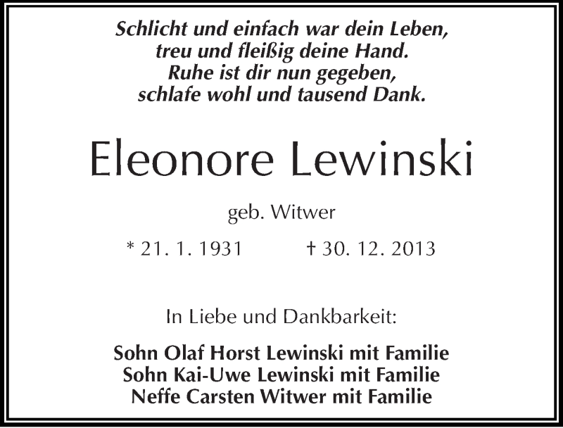  Traueranzeige für Eleonore Lewinski vom 11.01.2014 aus Mitteldeutsche Zeitung Halle/Saalkreis