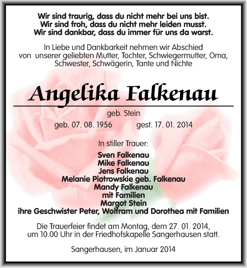  Traueranzeige für Angelika Falkenau vom 22.01.2014 aus Mitteldeutsche Zeitung Sangerhausen
