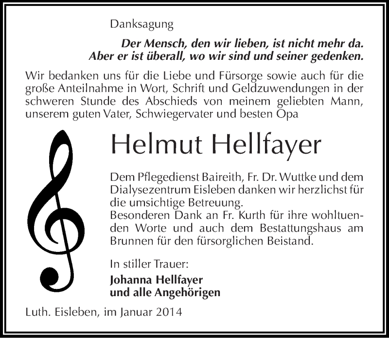  Traueranzeige für Helmut Hellfayer vom 25.01.2014 aus Mitteldeutsche Zeitung Mansfelder Land