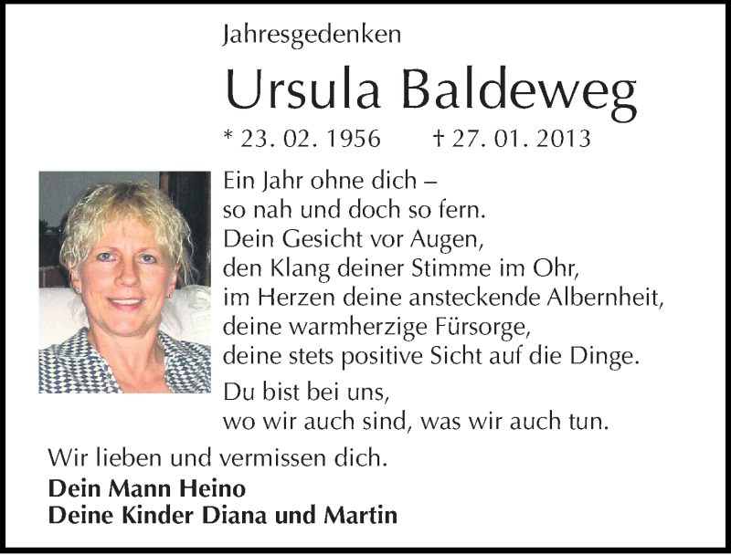  Traueranzeige für Ursula Baldeweg vom 27.01.2014 aus Mitteldeutsche Zeitung