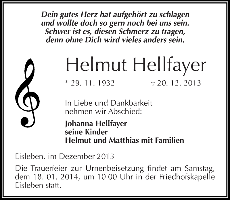  Traueranzeige für Helmut Hellfayer vom 04.01.2014 aus Mitteldeutsche Zeitung Mansfelder Land