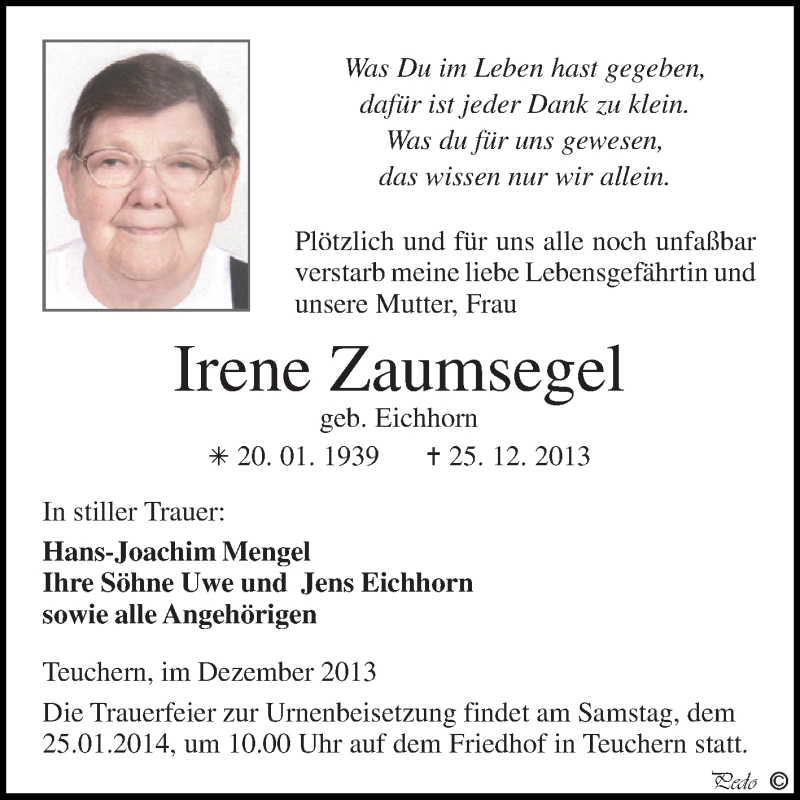  Traueranzeige für Irene Zaumsegel vom 05.01.2014 aus Super Sonntag Zeitz