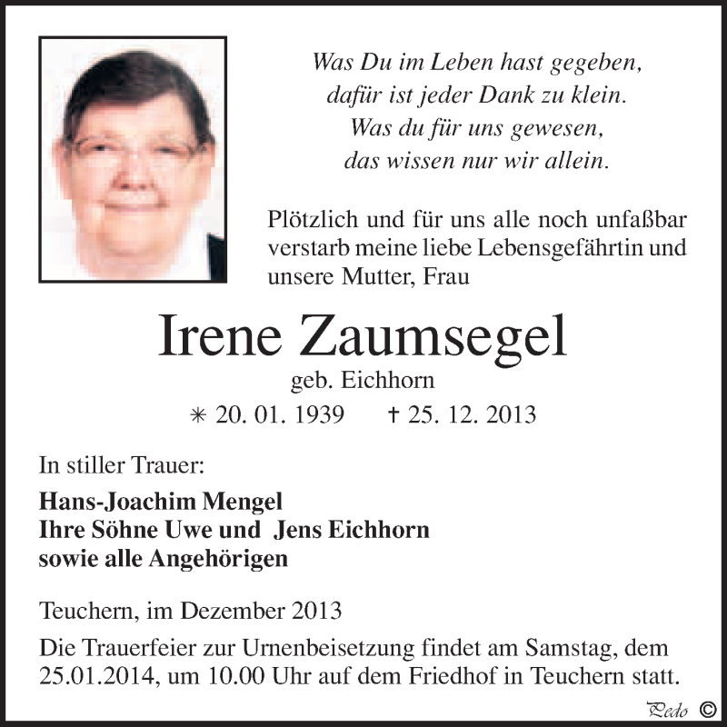  Traueranzeige für Irene Zaumsegel vom 08.01.2014 aus WVG - Wochenspiegel NMB / WSF / ZTZ