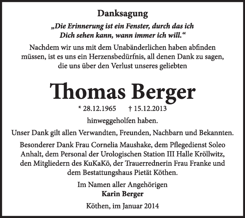  Traueranzeige für Thomas Berger vom 05.01.2014 aus Super Sonntag Dessau / Köthen