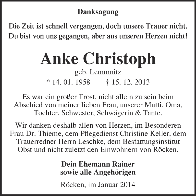  Traueranzeige für Anke Christoph vom 15.01.2014 aus Super Sonntag Merseburg