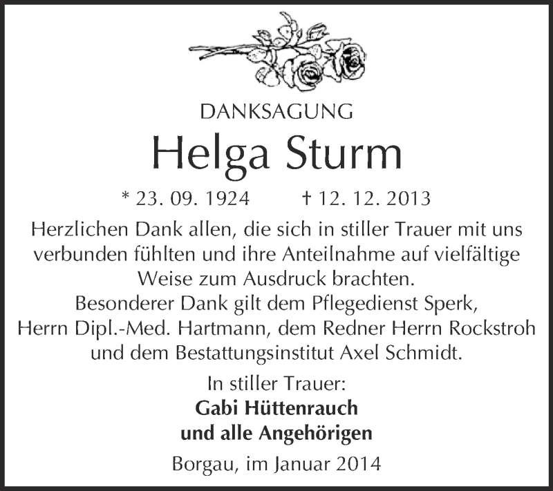  Traueranzeige für Helga Sturm vom 22.01.2014 aus WVG - Wochenspiegel NMB / WSF / ZTZ