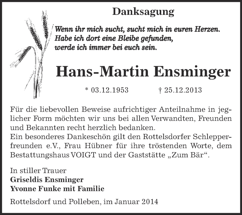  Traueranzeige für Hans-Martin Ensminger vom 26.01.2014 aus Super Sonntag SGH Mansf. Land