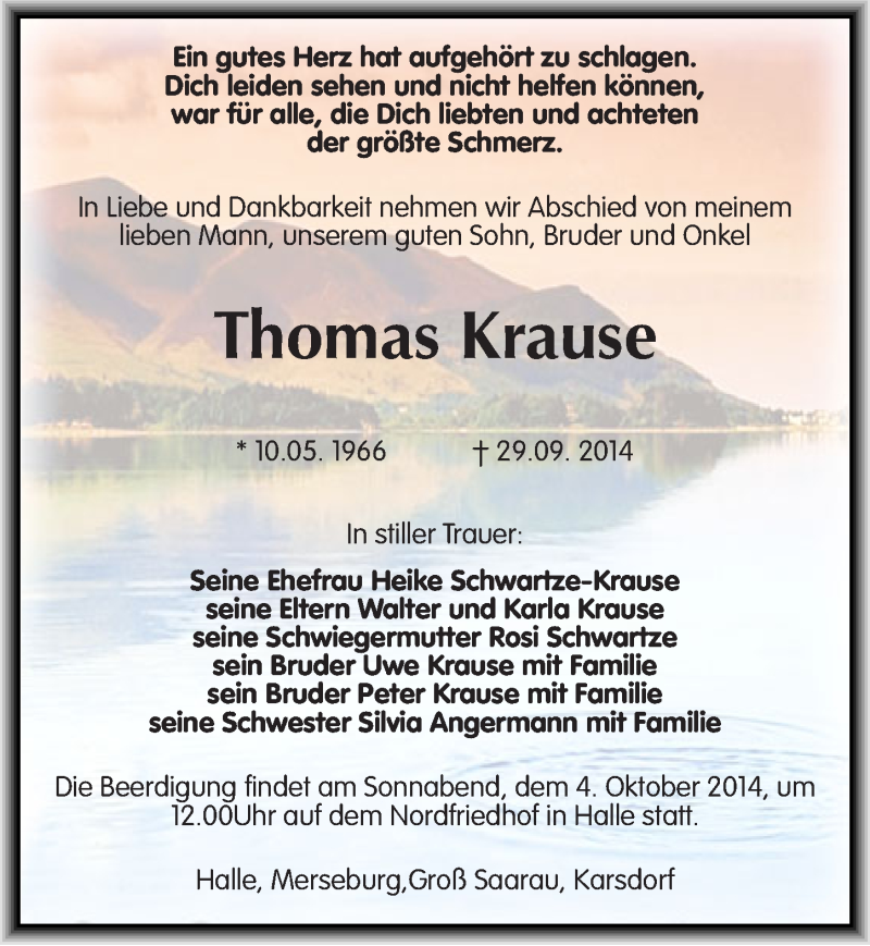  Traueranzeige für Thomas Krause vom 02.10.2014 aus Mitteldeutsche Zeitung Naumburg/Nebra