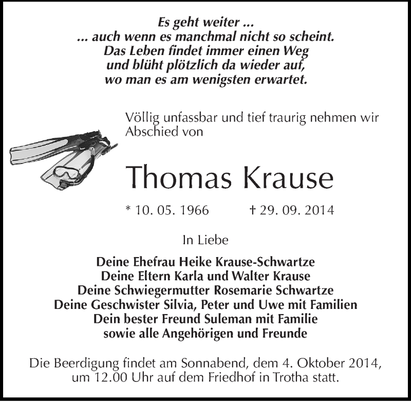  Traueranzeige für Thomas Krause vom 02.10.2014 aus Mitteldeutsche Zeitung Halle/Saalkreis