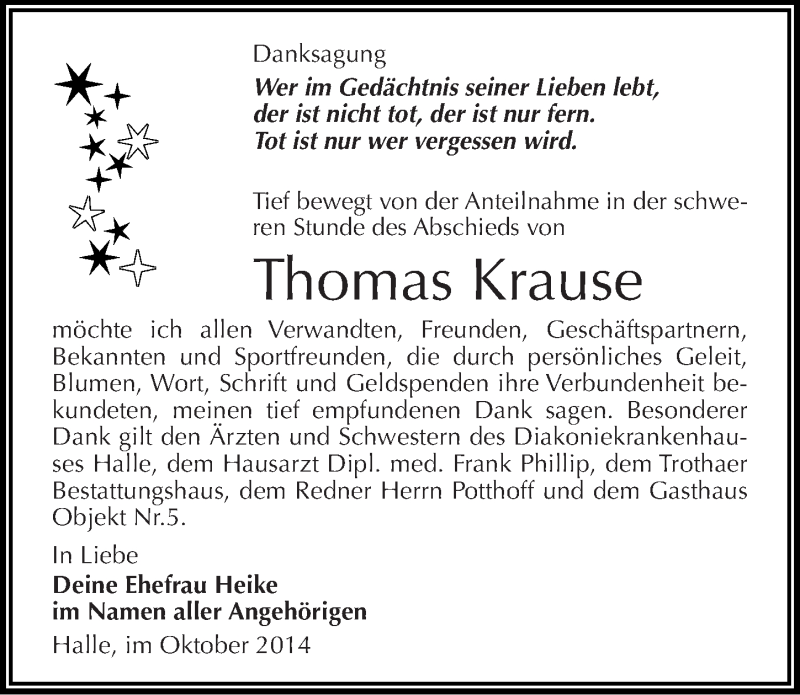  Traueranzeige für Thomas Krause vom 11.10.2014 aus Mitteldeutsche Zeitung Halle/Saalkreis