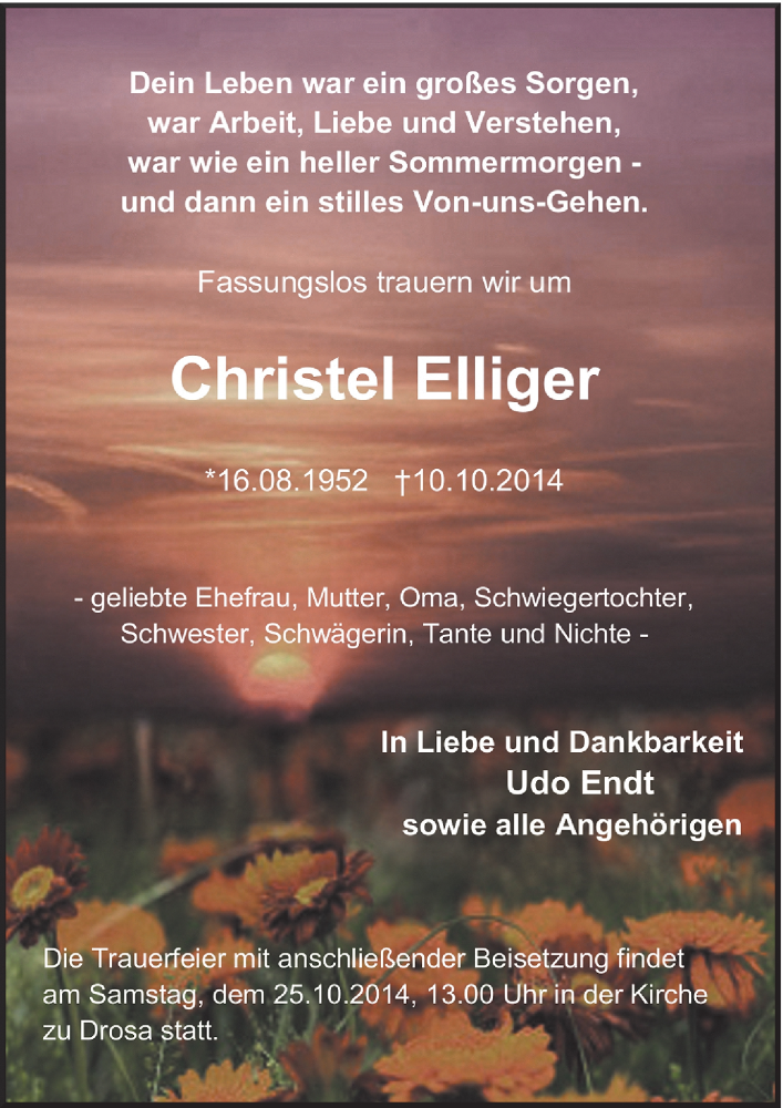  Traueranzeige für Christel Eiliger vom 18.10.2014 aus Mitteldeutsche Zeitung